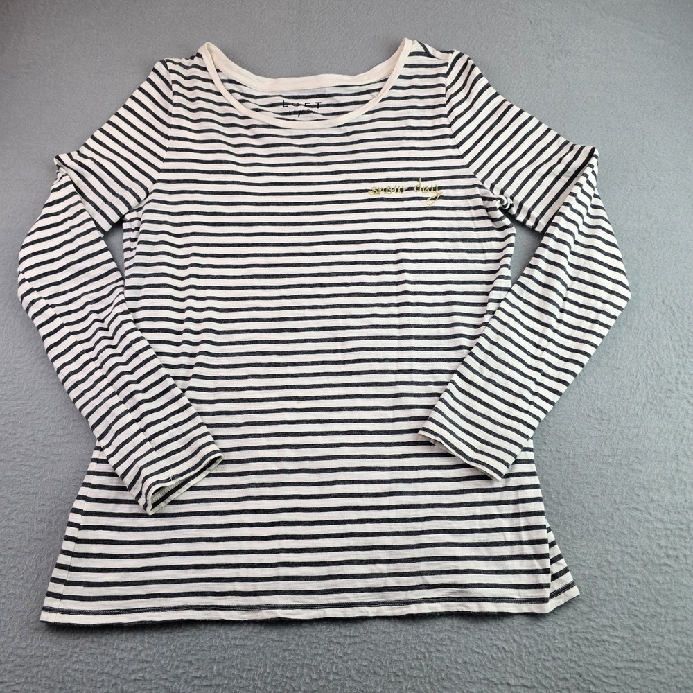 LOFT Vintage Soft T Shirt Womens M White Black Striped Gold Embroidered Snow Day